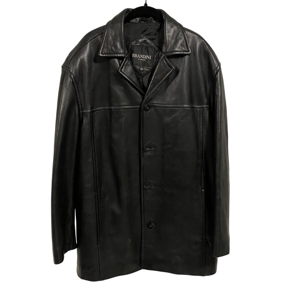 Vintage Brandini Black Leather Button Up Men's Jacket Size L